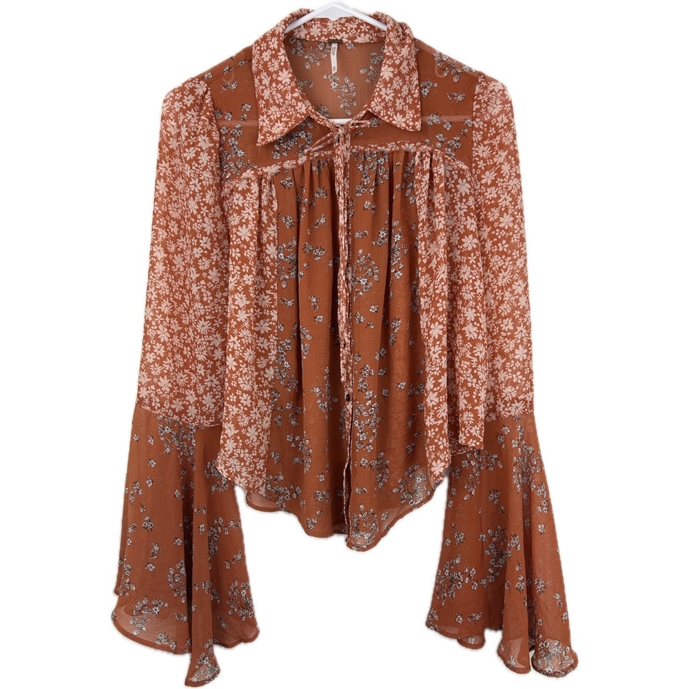 Free People Serena Printed Bell Sleeve Button Down Blouse Rust Size XS